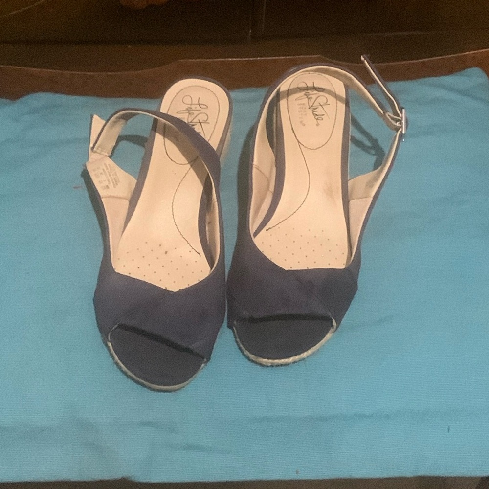 Navy blue espadrilles type sandals with small wedge heel. Great used condition